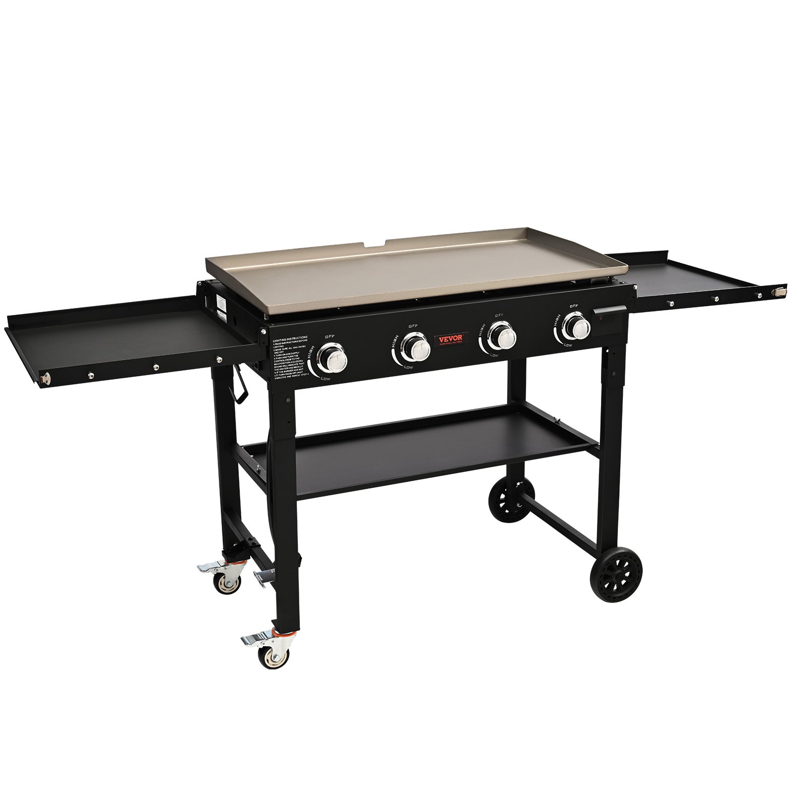 Plancha comercial VEVOR con carrito, plancha plana manual resistente de 91 cm, estación de cocina para exteriores con estantes laterales, plancha de acero a gas propano, 4 quemadores, portátil para restaurante, probada según las normas.
