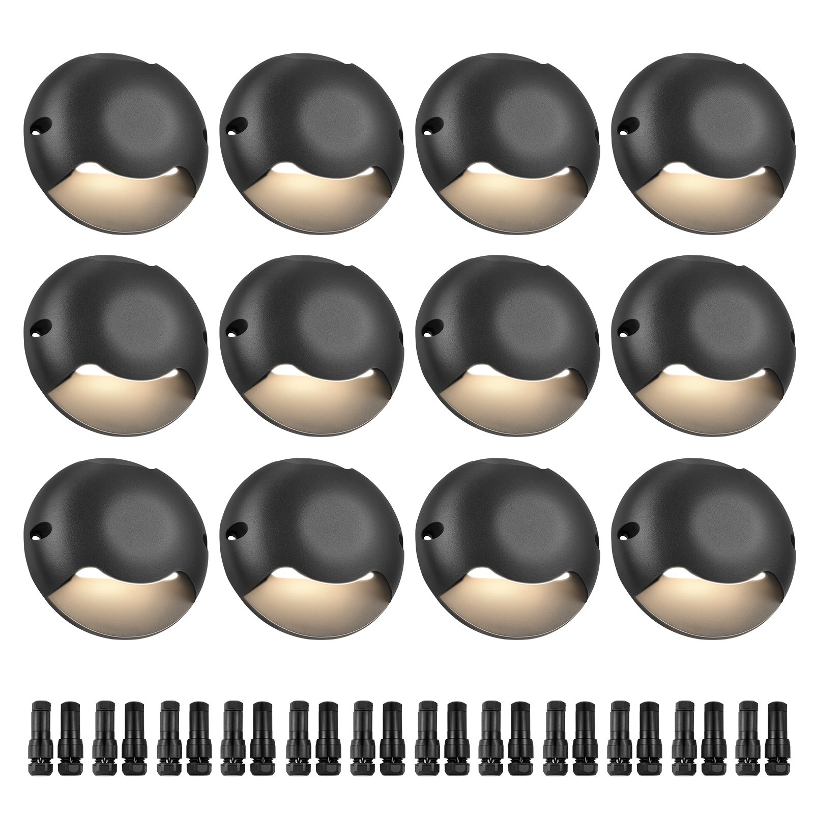 Luces de terraza regulables VEVOR, LED de 3 W, 12 V-24 V, IP66, iluminación de pared exterior resistente a la intemperie, iluminación cálida de 3000 K para escalones, escaleras, barandillas y vallas, incluye conectores (paquete de 12, blanco suave)