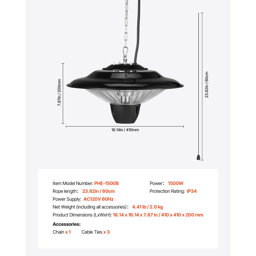 VEVOR - Calefactor de patio colgante, calefactor infrarrojo eléctrico de 1500 W, protección IP34, con cable de 60 cm y cadena ajustable, para porche, patio, comedor, estudio, exterior/interior.