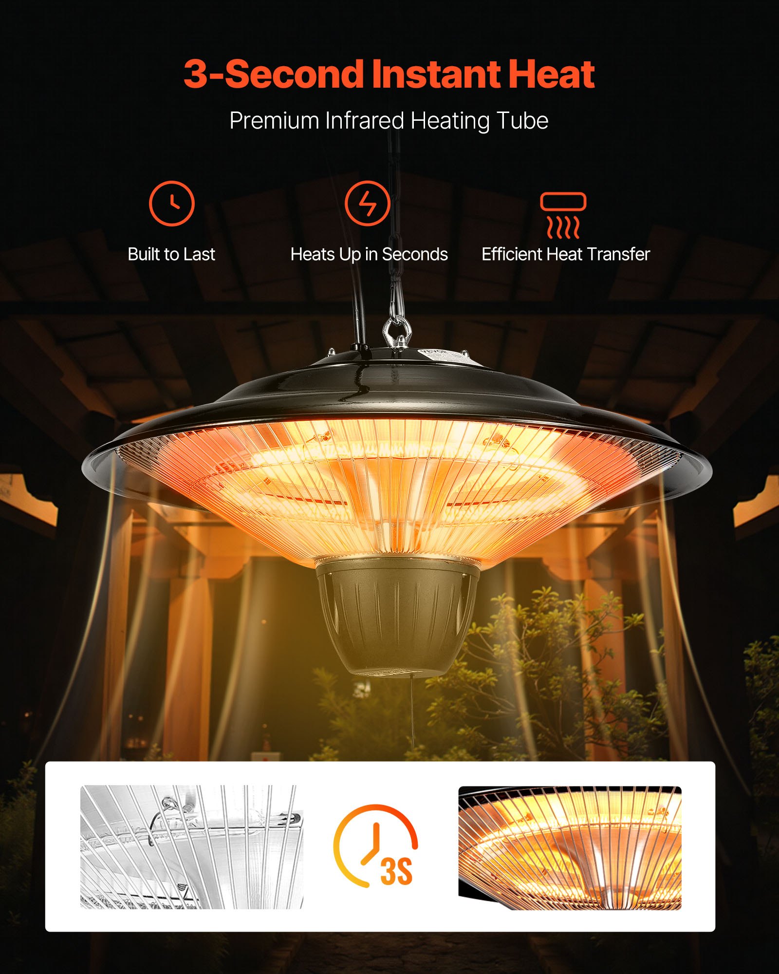 VEVOR - Calefactor de patio colgante, calefactor infrarrojo eléctrico de 1500 W, protección IP34, con cable de 60 cm y cadena ajustable, para porche, patio, comedor, estudio, exterior/interior.