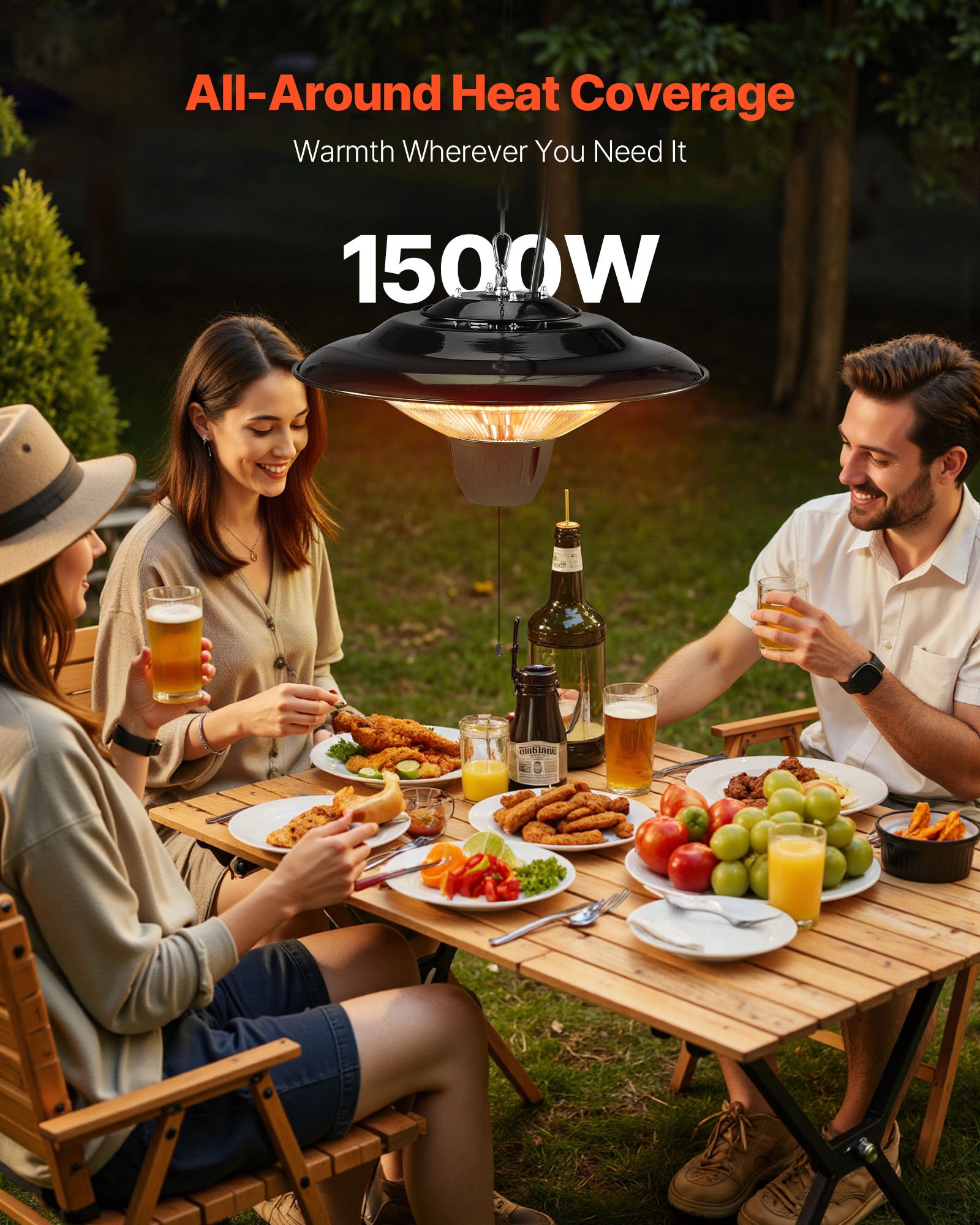 VEVOR - Calefactor de patio colgante, calefactor infrarrojo eléctrico de 1500 W, protección IP34, con cable de 60 cm y cadena ajustable, para porche, patio, comedor, estudio, exterior/interior.