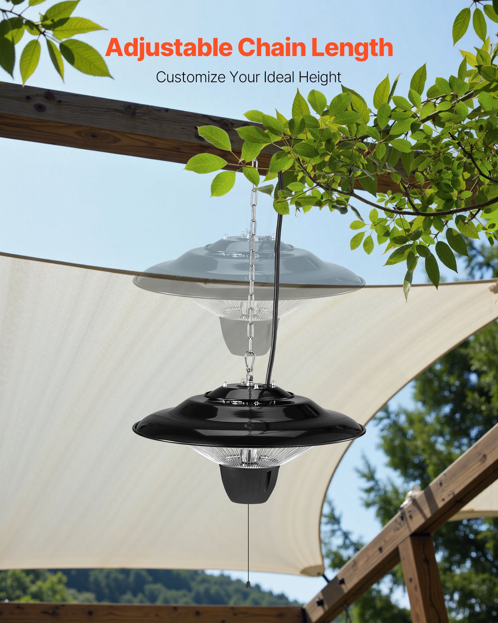 VEVOR - Calefactor de patio colgante, calefactor infrarrojo eléctrico de 1500 W, protección IP34, con cable de 60 cm y cadena ajustable, para porche, patio, comedor, estudio, exterior/interior.