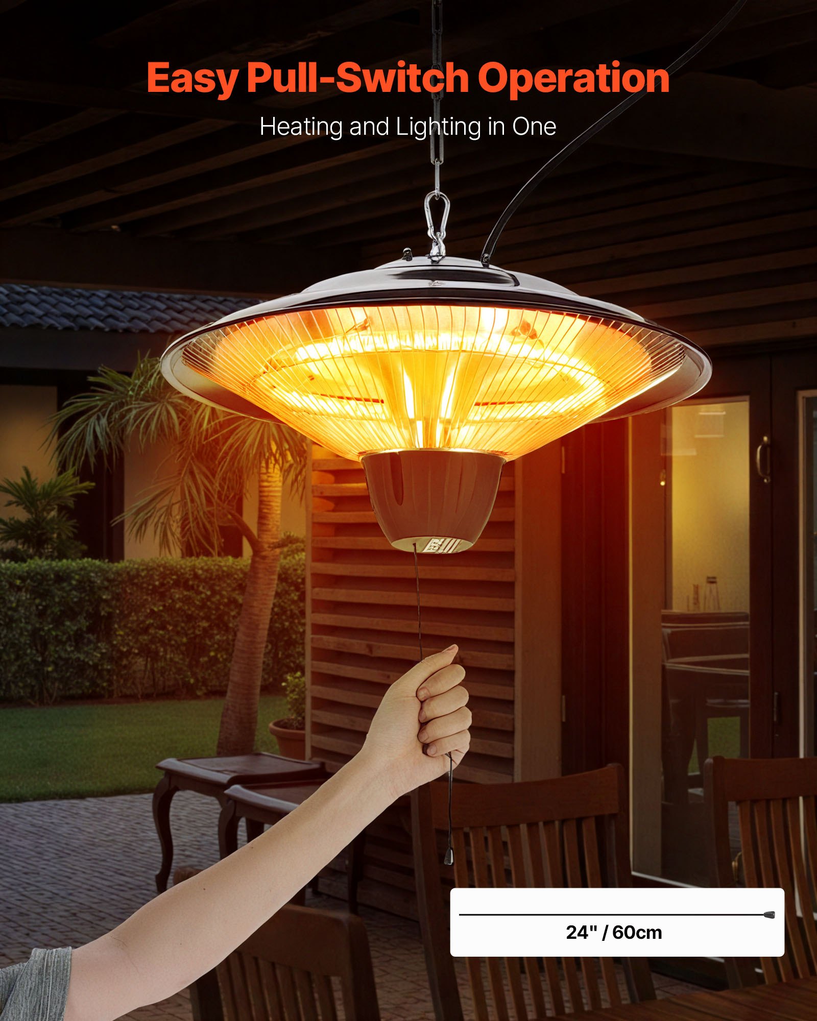 VEVOR - Calefactor de patio colgante, calefactor infrarrojo eléctrico de 1500 W, protección IP34, con cable de 60 cm y cadena ajustable, para porche, patio, comedor, estudio, exterior/interior.