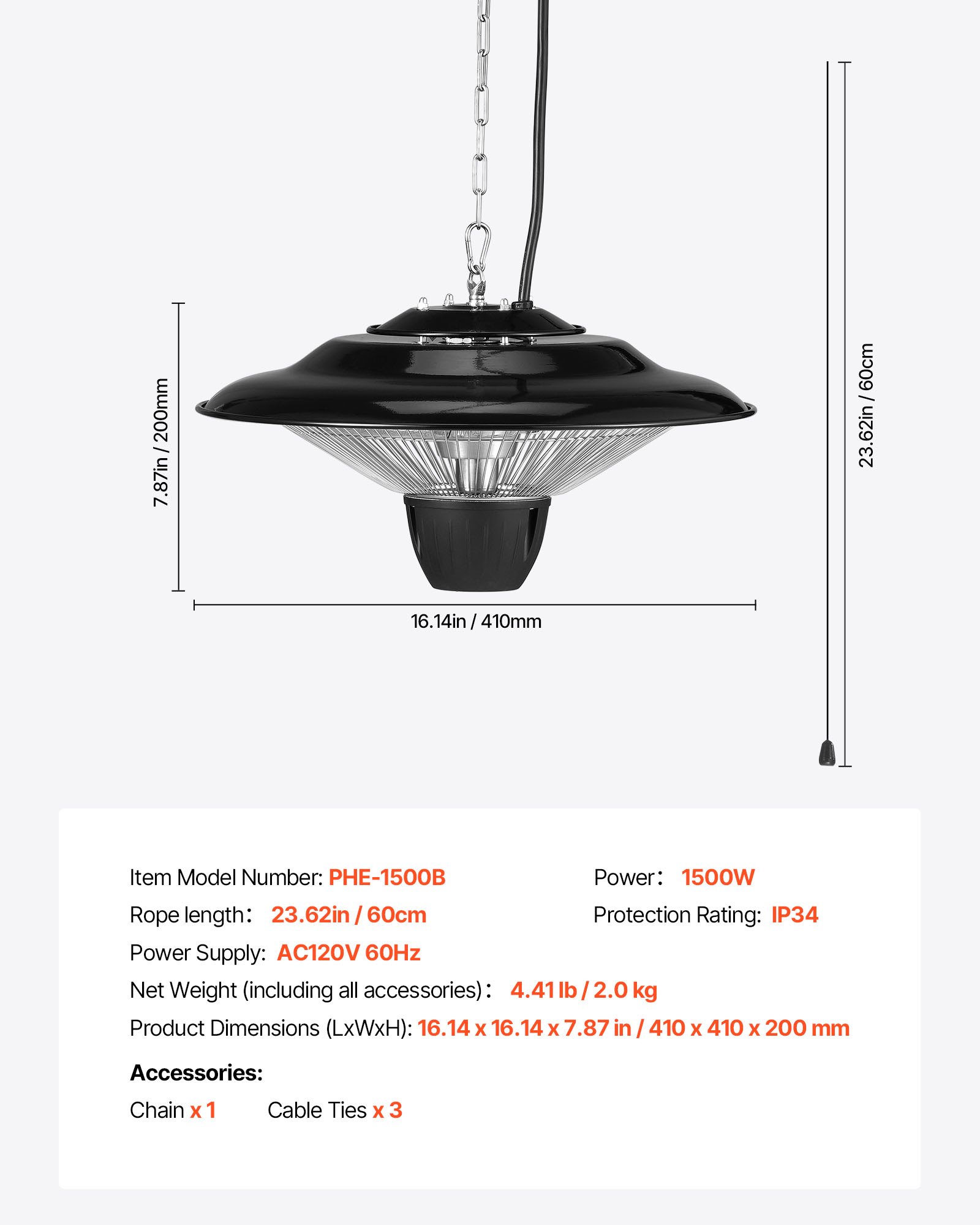 VEVOR - Calefactor de patio colgante, calefactor infrarrojo eléctrico de 1500 W, protección IP34, con cable de 60 cm y cadena ajustable, para porche, patio, comedor, estudio, exterior/interior.