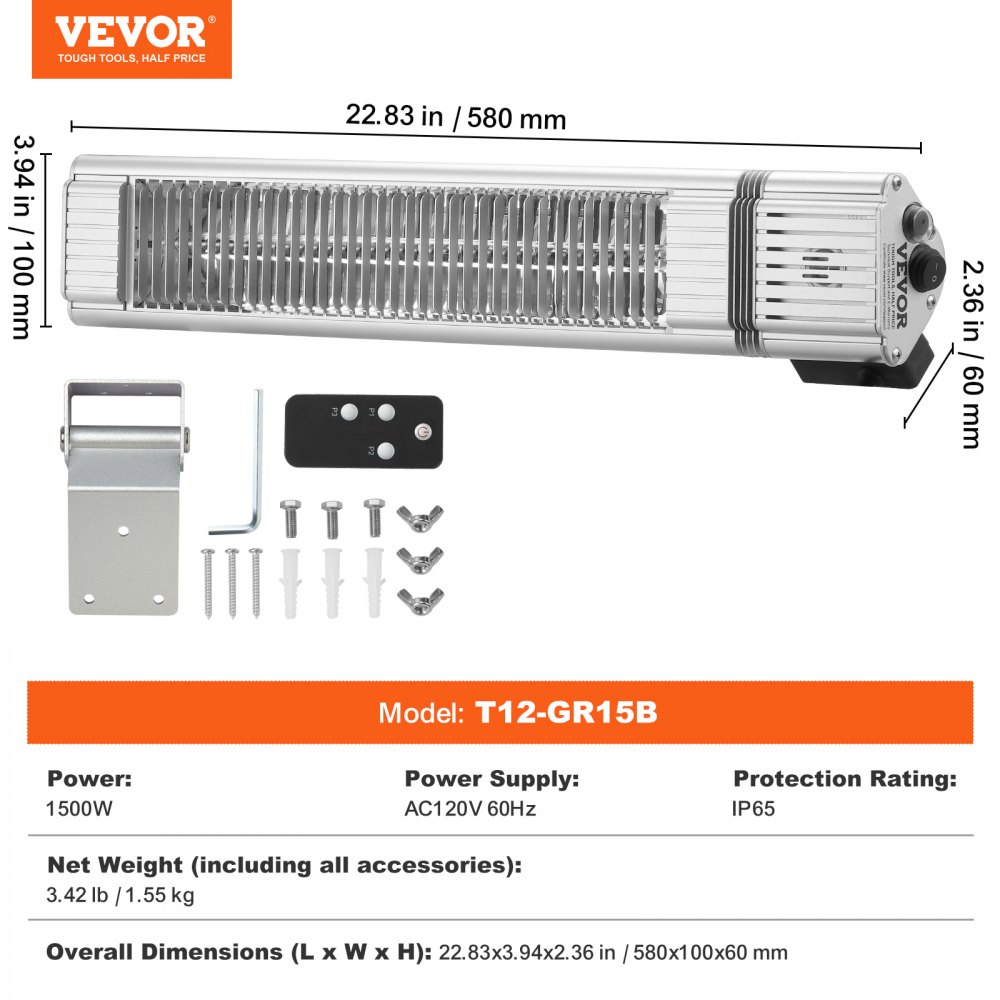 Calefactor infrarrojo VEVOR de 1500 W con control remoto, calefactor infrarrojo eléctrico para espacios exteriores, protección IP65, 3 velocidades, para porche, patio, comedor, estudio, garaje y montaje en pared.