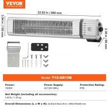 VEVOR Calentador infrarrojo, calentador infrarrojo eléctrico de espacio con control remoto de 1500 W, calentador infrarrojo exterior de carbono con protección IP65 con 3 velocidades, para porche, patio, comedor, estudio, patio trasero, garaje, montaje en pared