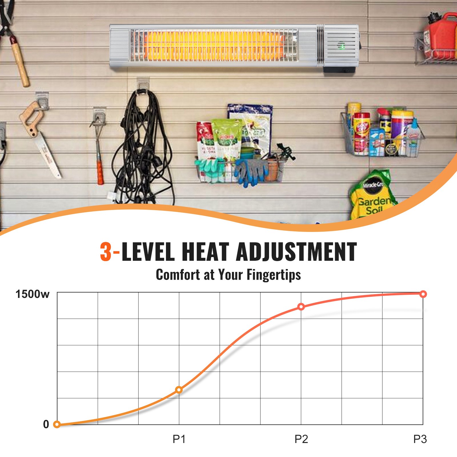 Calefactor infrarrojo VEVOR de 1500 W con control remoto, calefactor infrarrojo eléctrico para espacios exteriores, protección IP65, 3 velocidades, para porche, patio, comedor, estudio, garaje y montaje en pared.