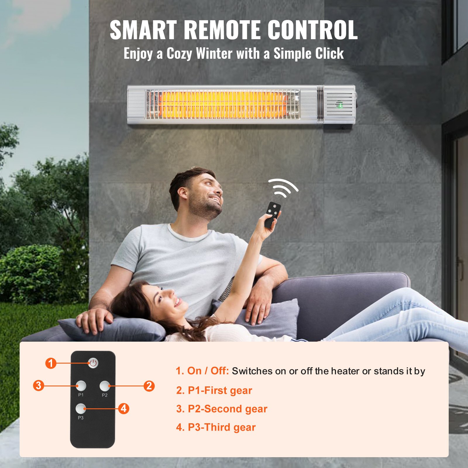 Calefactor infrarrojo VEVOR de 1500 W con control remoto, calefactor infrarrojo eléctrico para espacios exteriores, protección IP65, 3 velocidades, para porche, patio, comedor, estudio, garaje y montaje en pared.