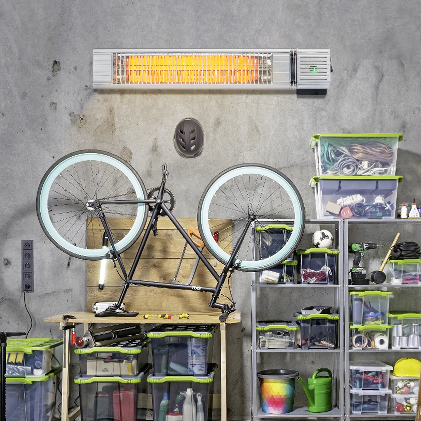 Calefactor infrarrojo VEVOR de 1500 W con control remoto, calefactor infrarrojo eléctrico para espacios exteriores, protección IP65, 3 velocidades, para porche, patio, comedor, estudio, garaje y montaje en pared.