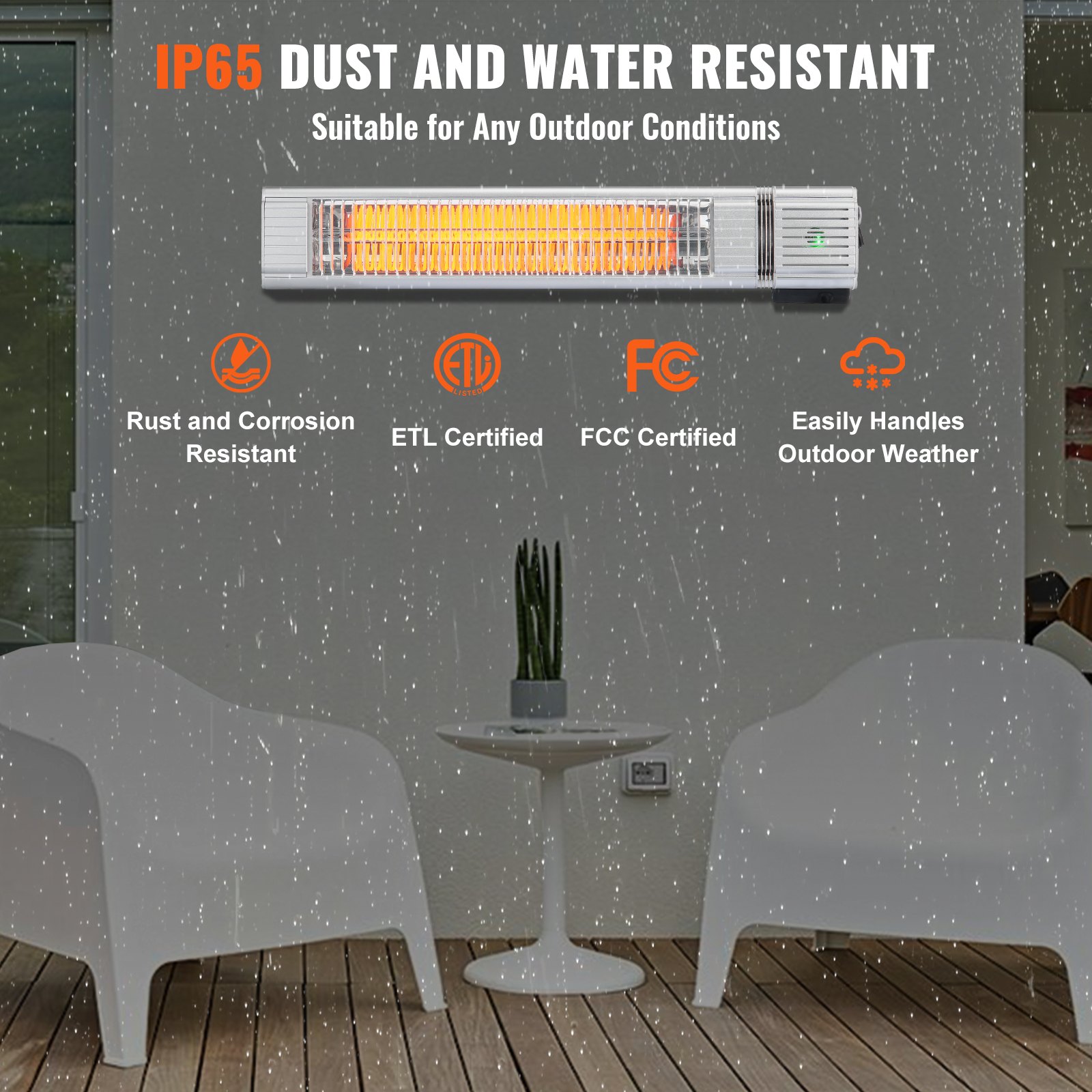 Calefactor infrarrojo VEVOR de 1500 W con control remoto, calefactor infrarrojo eléctrico para espacios exteriores, protección IP65, 3 velocidades, para porche, patio, comedor, estudio, garaje y montaje en pared.
