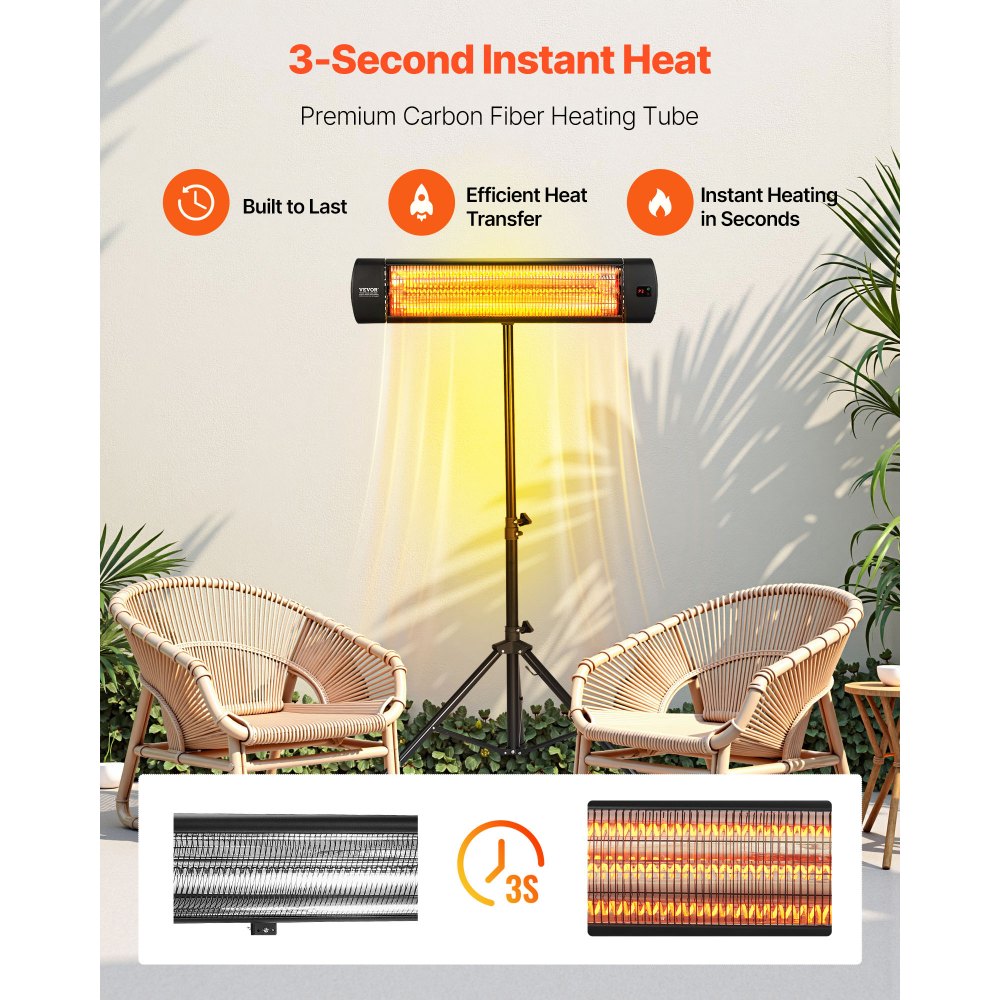 Calefactor infrarrojo VEVOR, calefactor eléctrico de 1500 W con control remoto, pantalla LED con 3 velocidades y temporizador, para exteriores (patio, porche, comedor, estudio).