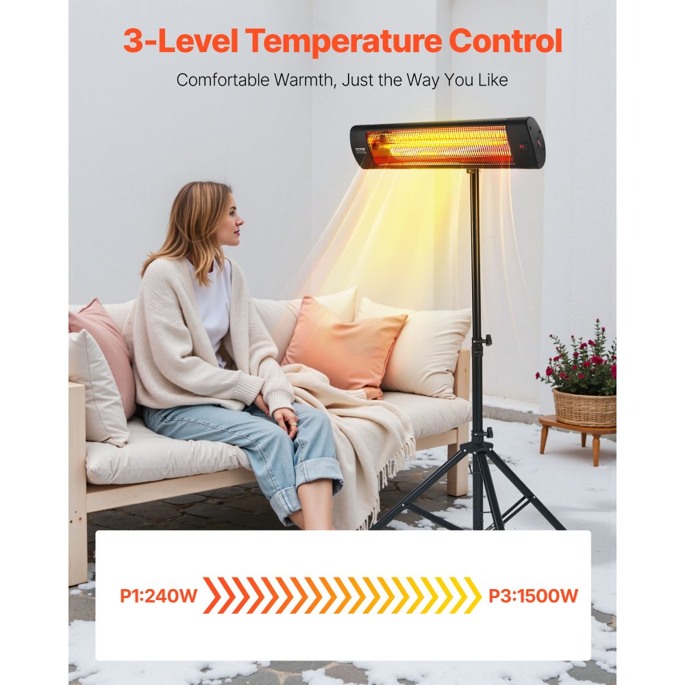Calefactor infrarrojo VEVOR, calefactor eléctrico de 1500 W con control remoto, pantalla LED con 3 velocidades y temporizador, para exteriores (patio, porche, comedor, estudio).