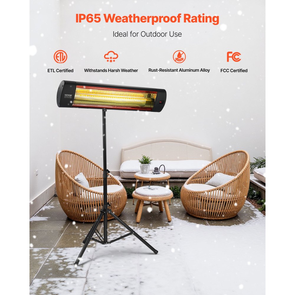 Calefactor infrarrojo VEVOR, calefactor eléctrico de 1500 W con control remoto, pantalla LED con 3 velocidades y temporizador, para exteriores (patio, porche, comedor, estudio).