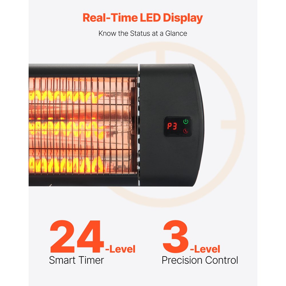 Calefactor infrarrojo VEVOR, calefactor eléctrico de 1500 W con control remoto, pantalla LED con 3 velocidades y temporizador, para exteriores (patio, porche, comedor, estudio).