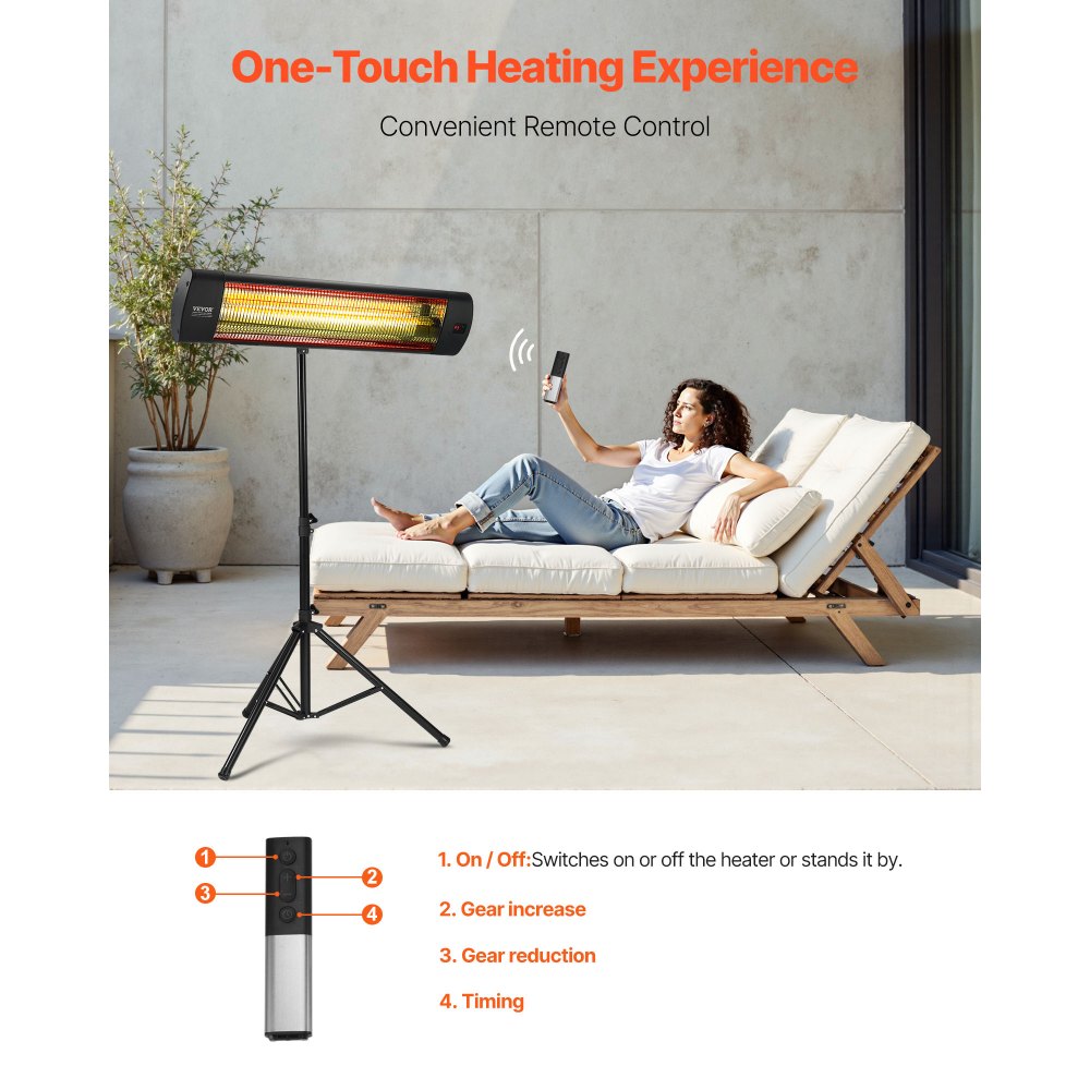 Calefactor infrarrojo VEVOR, calefactor eléctrico de 1500 W con control remoto, pantalla LED con 3 velocidades y temporizador, para exteriores (patio, porche, comedor, estudio).