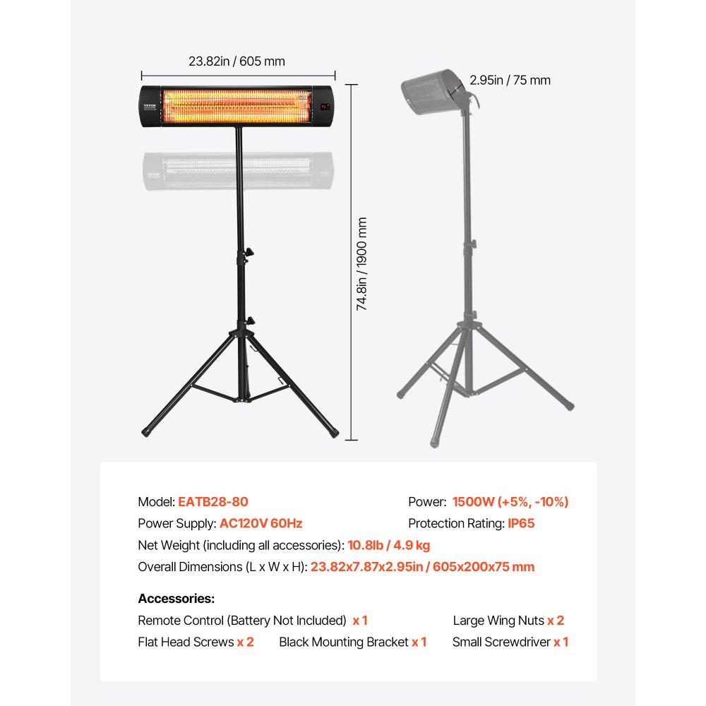 Calefactor infrarrojo VEVOR, calefactor eléctrico de 1500 W con control remoto, pantalla LED con 3 velocidades y temporizador, para exteriores (patio, porche, comedor, estudio).