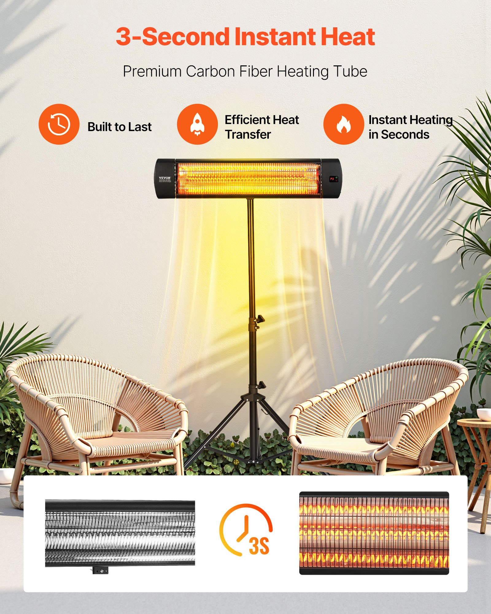 Calefactor infrarrojo VEVOR, calefactor eléctrico de 1500 W con control remoto, pantalla LED con 3 velocidades y temporizador, para exteriores (patio, porche, comedor, estudio).