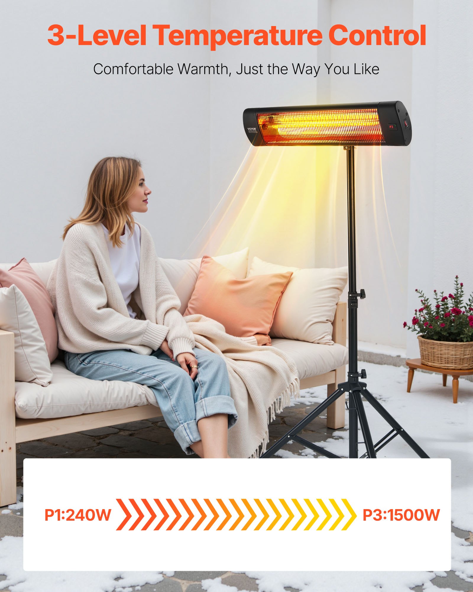 Calefactor infrarrojo VEVOR, calefactor eléctrico de 1500 W con control remoto, pantalla LED con 3 velocidades y temporizador, para exteriores (patio, porche, comedor, estudio).