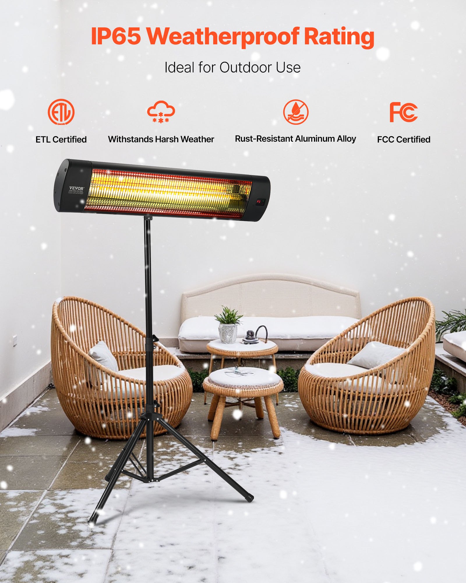 Calefactor infrarrojo VEVOR, calefactor eléctrico de 1500 W con control remoto, pantalla LED con 3 velocidades y temporizador, para exteriores (patio, porche, comedor, estudio).