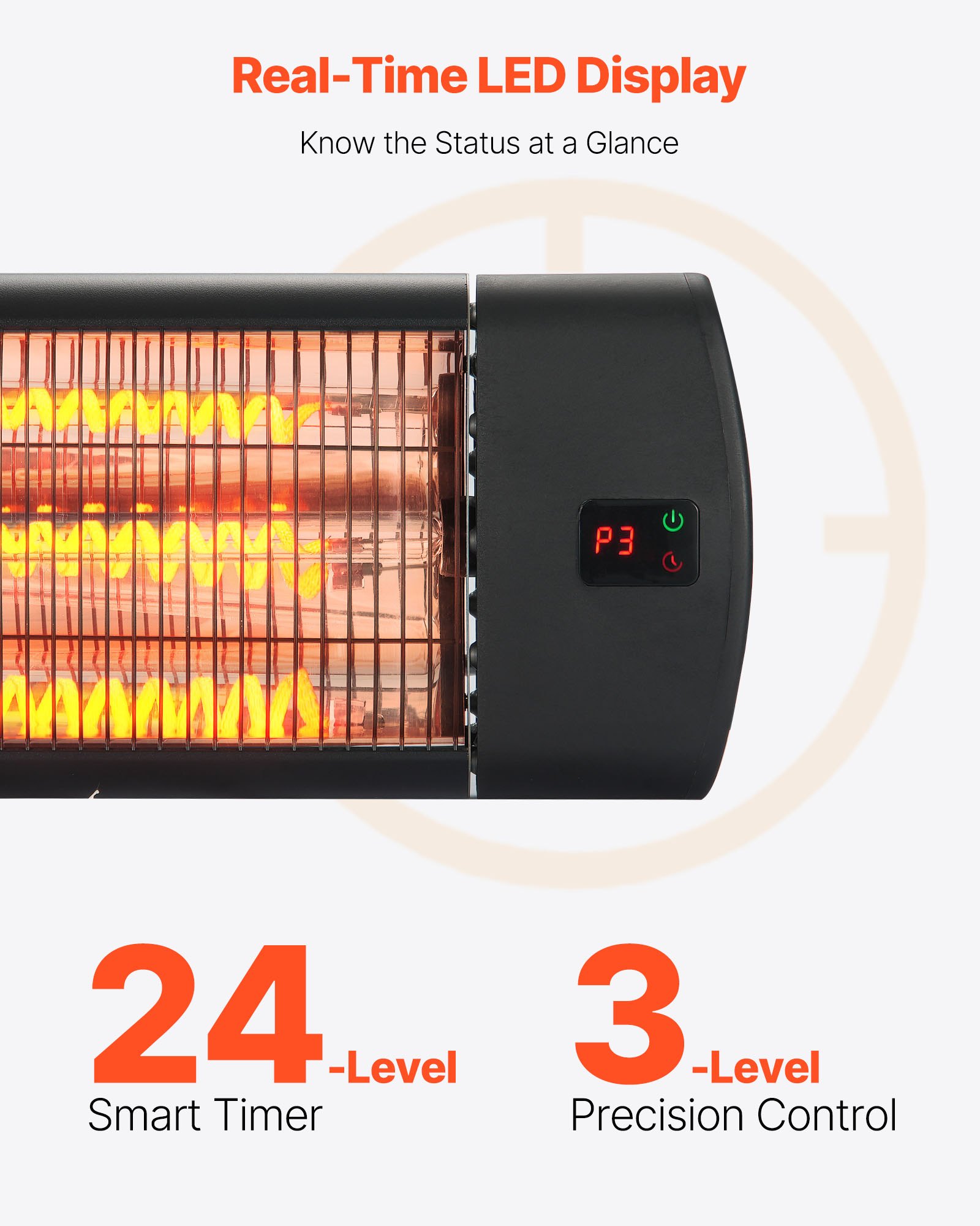 Calefactor infrarrojo VEVOR, calefactor eléctrico de 1500 W con control remoto, pantalla LED con 3 velocidades y temporizador, para exteriores (patio, porche, comedor, estudio).