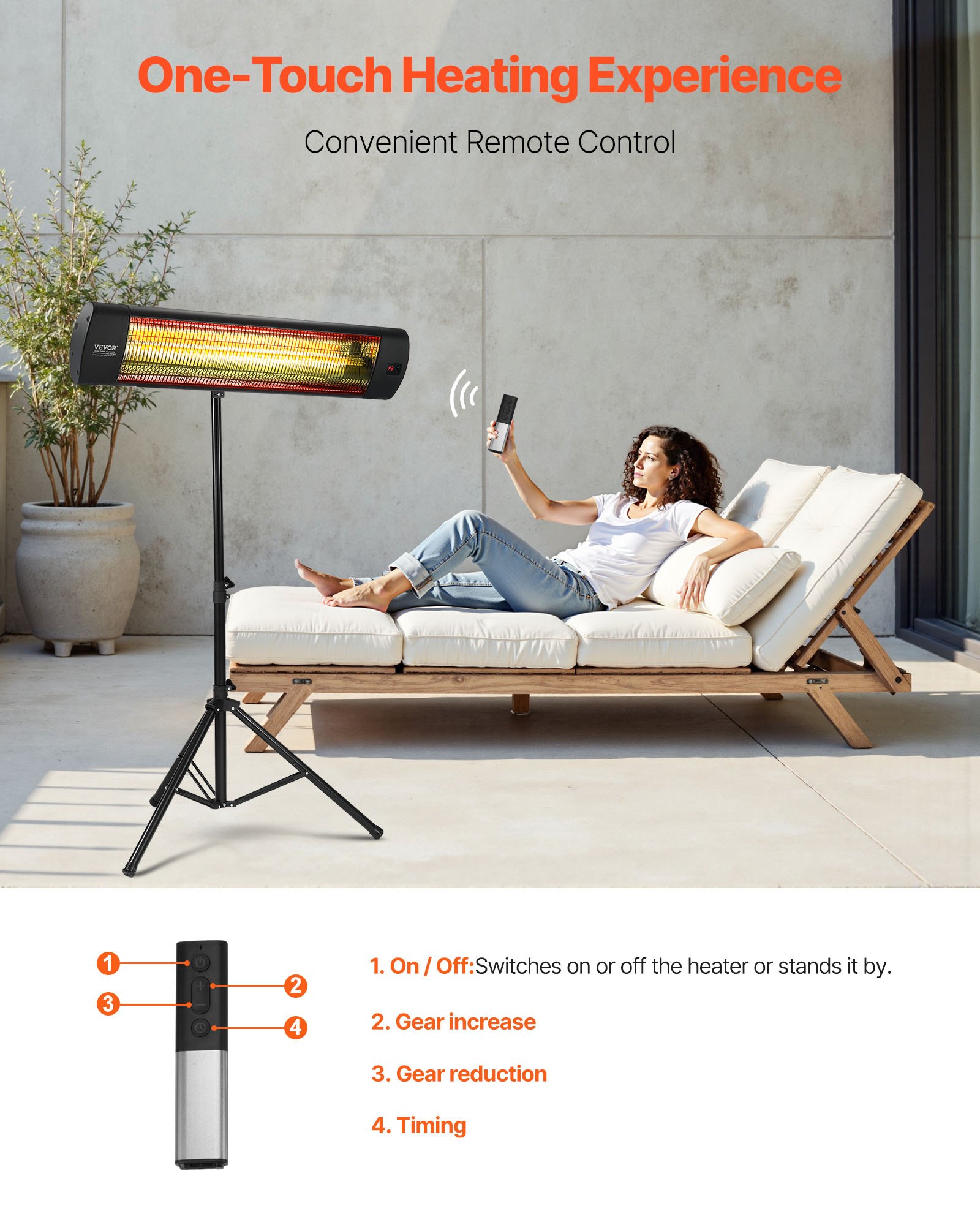 Calefactor infrarrojo VEVOR, calefactor eléctrico de 1500 W con control remoto, pantalla LED con 3 velocidades y temporizador, para exteriores (patio, porche, comedor, estudio).