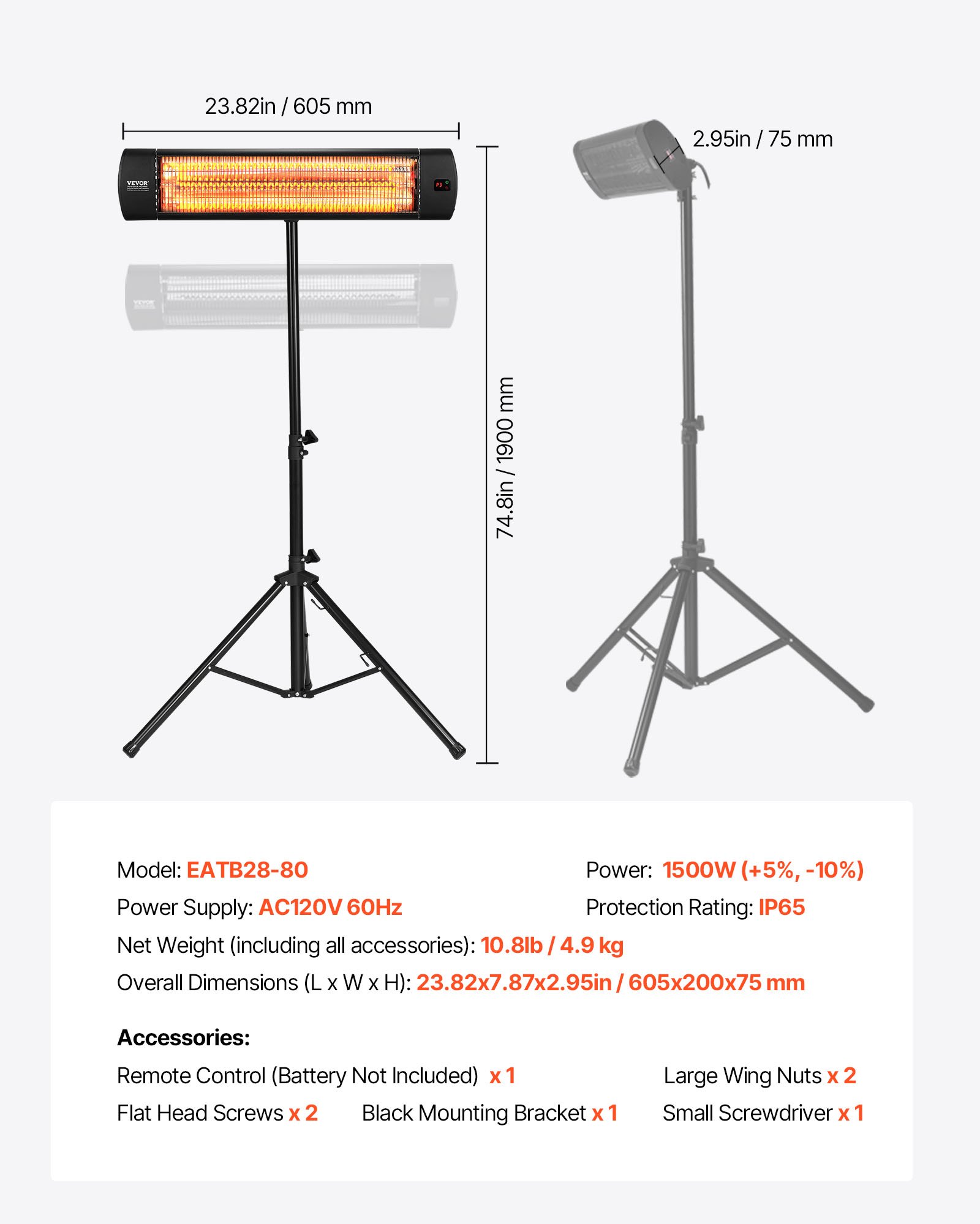 Calefactor infrarrojo VEVOR, calefactor eléctrico de 1500 W con control remoto, pantalla LED con 3 velocidades y temporizador, para exteriores (patio, porche, comedor, estudio).