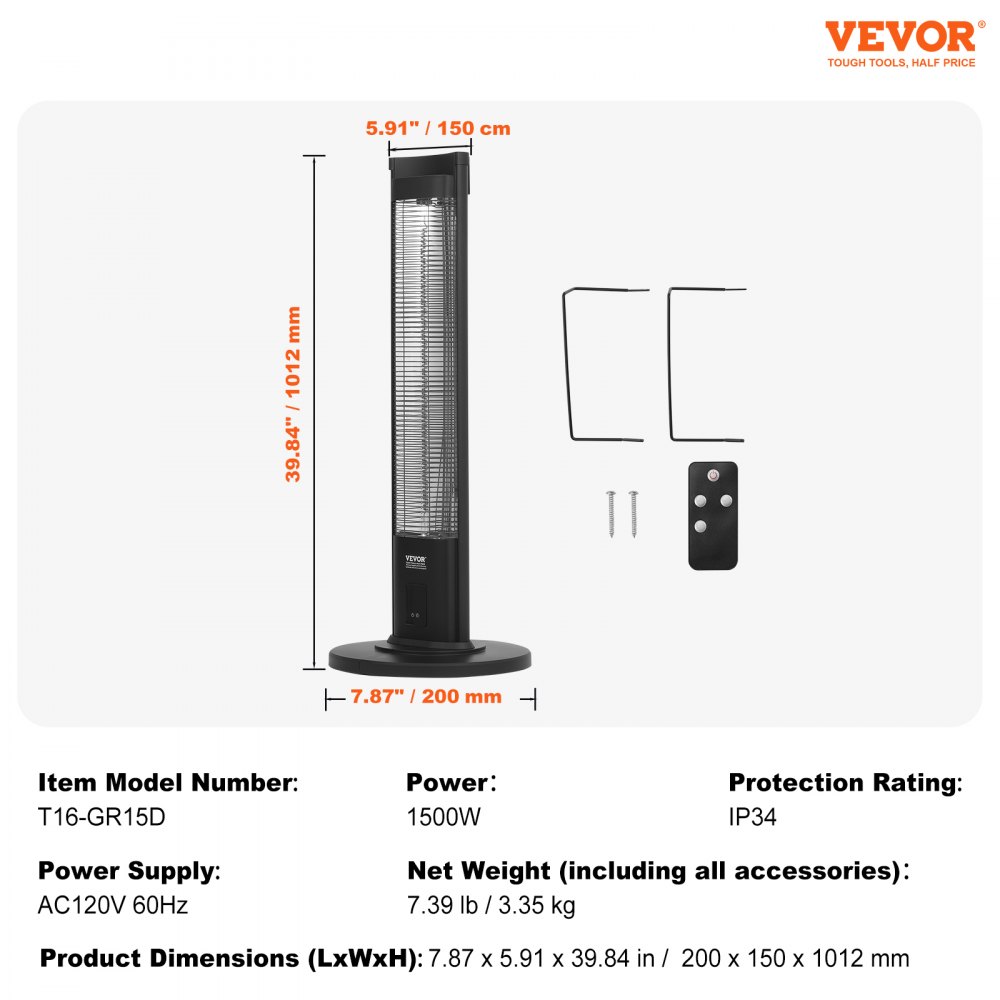 Calefactor infrarrojo VEVOR de 1500 W con control remoto, calefactor eléctrico para patio con 3 velocidades, temporizador y protección antivuelco, ideal para dormitorio, estudio, porche, comedor, estudio, soporte, 101 cm de largo.