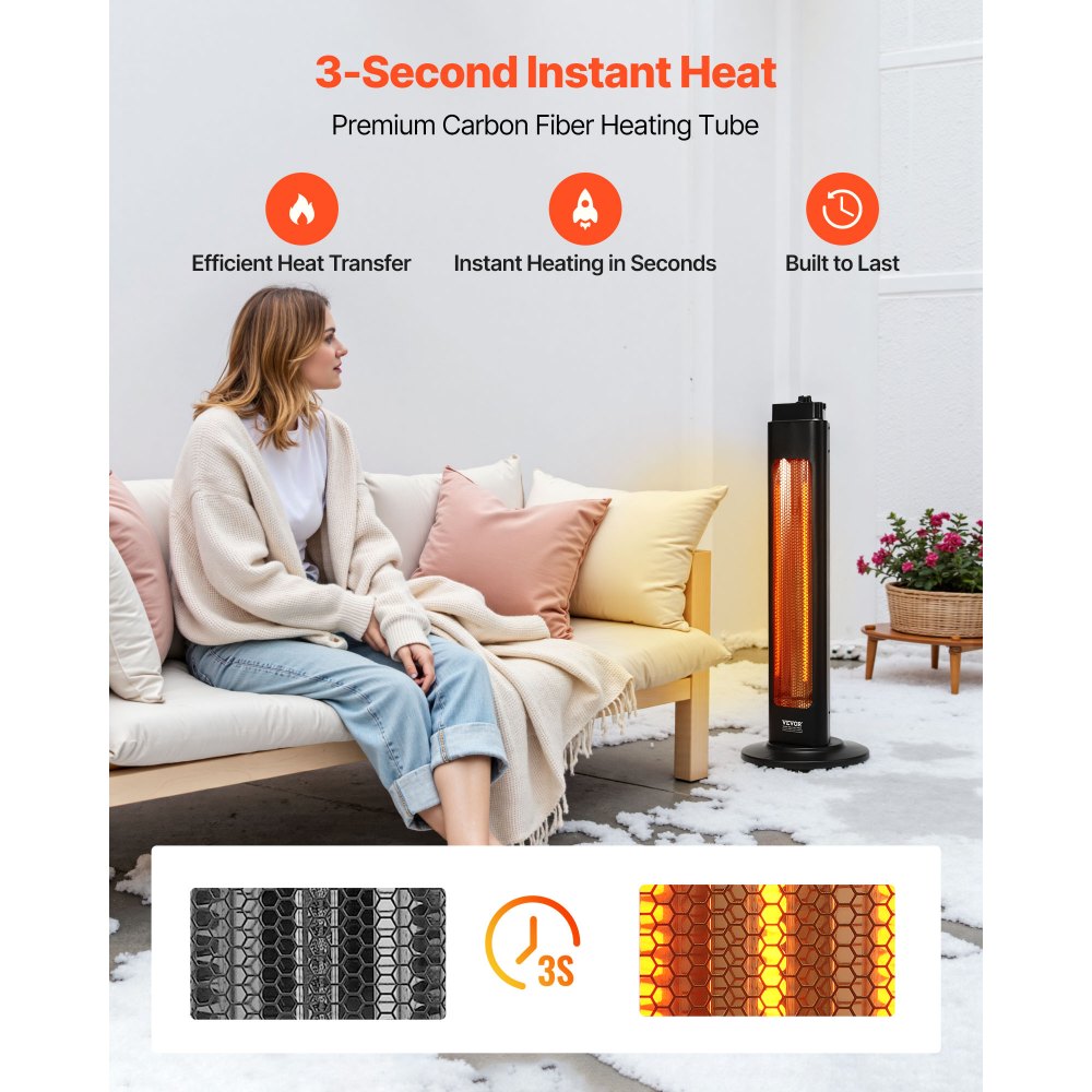 Calefactor infrarrojo VEVOR, 1500 W, calefactor eléctrico con 3 velocidades, temporizador de 24 horas y múltiples protecciones de seguridad, tubos de calefacción infrarroja de alta calidad, para interiores y exteriores, ideal para dormitorio, estudio, porche y comedor.