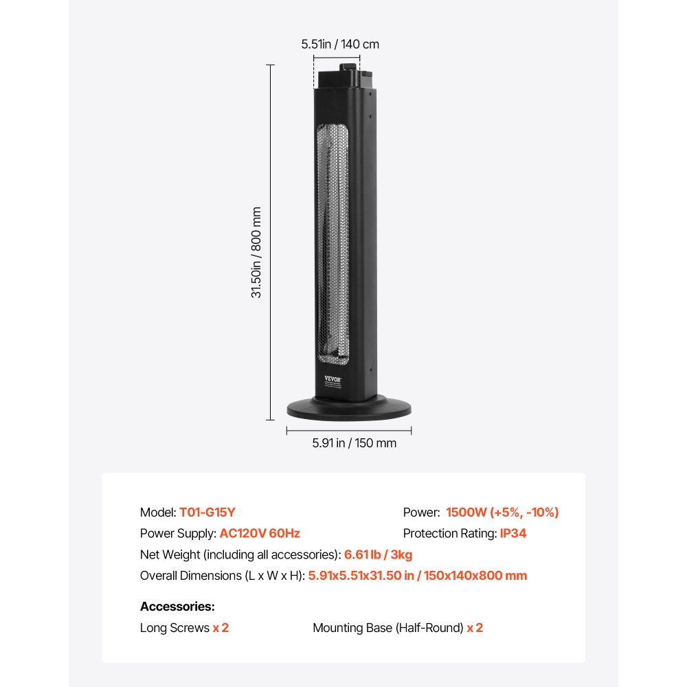 Calefactor infrarrojo VEVOR, 1500 W, calefactor eléctrico con 3 velocidades, temporizador de 24 horas y múltiples protecciones de seguridad, tubos de calefacción infrarroja de alta calidad, para interiores y exteriores, ideal para dormitorio, estudio, porche y comedor.