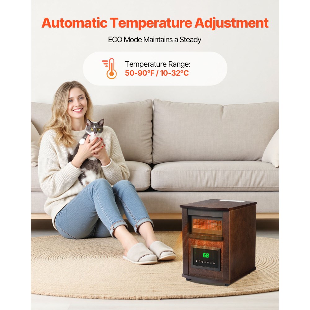 Calefactor infrarrojo VEVOR de 1500 W con control remoto, pantalla LED y temporizador de 24 horas. Temperatura ajustable para patio, dormitorio, sala de estar, estudio y comedor.