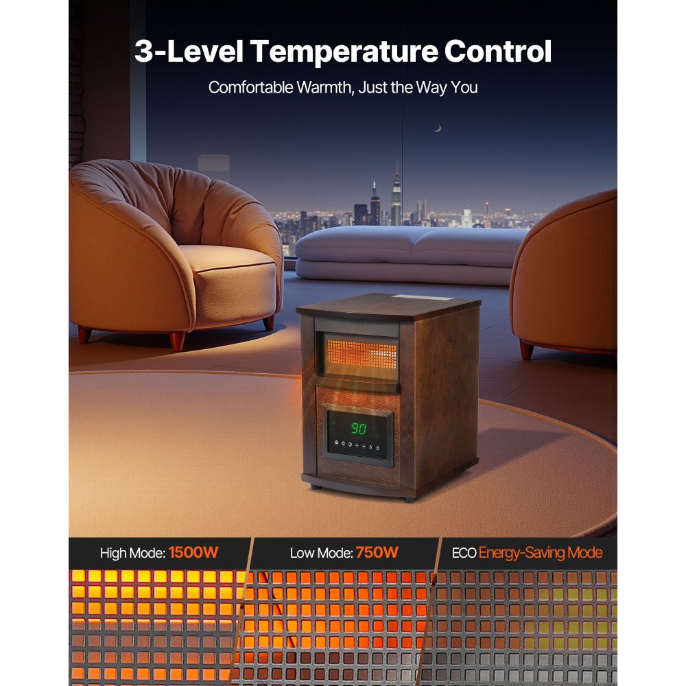 Calefactor infrarrojo VEVOR de 1500 W con control remoto, pantalla LED y temporizador de 24 horas. Temperatura ajustable para patio, dormitorio, sala de estar, estudio y comedor.