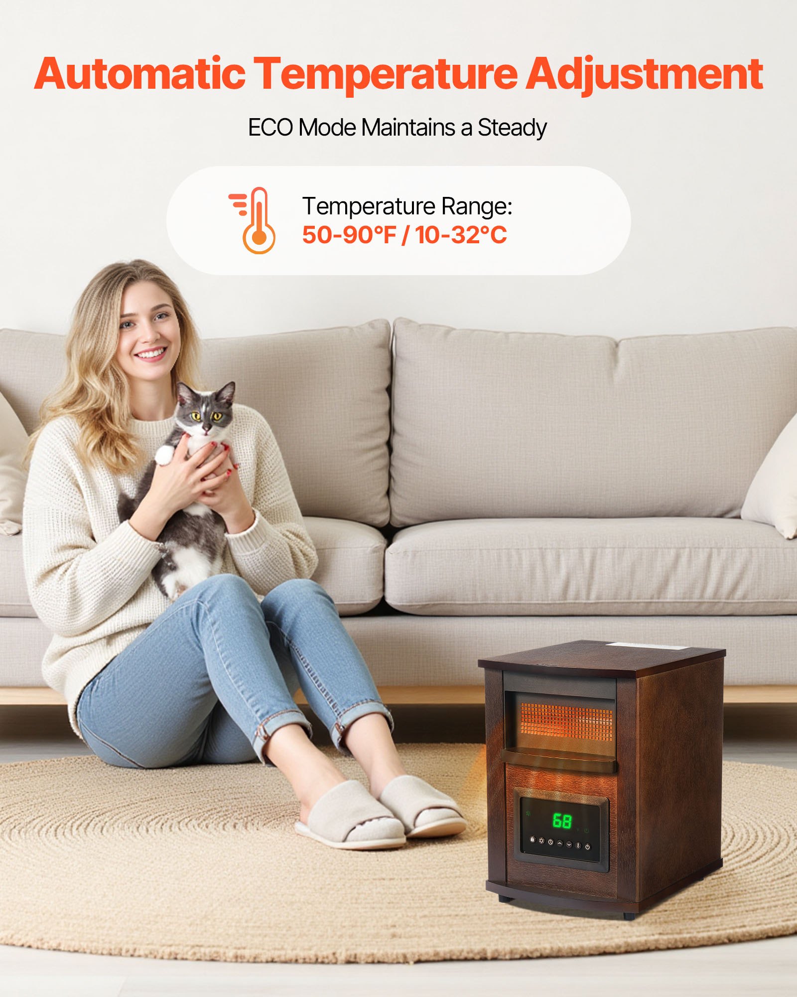 Calefactor infrarrojo VEVOR de 1500 W con control remoto, pantalla LED y temporizador de 24 horas. Temperatura ajustable para patio, dormitorio, sala de estar, estudio y comedor.