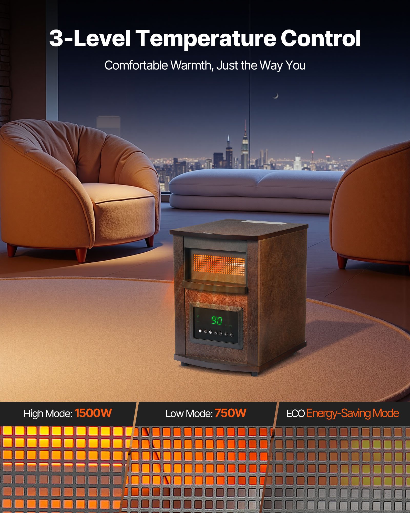 Calefactor infrarrojo VEVOR de 1500 W con control remoto, pantalla LED y temporizador de 24 horas. Temperatura ajustable para patio, dormitorio, sala de estar, estudio y comedor.