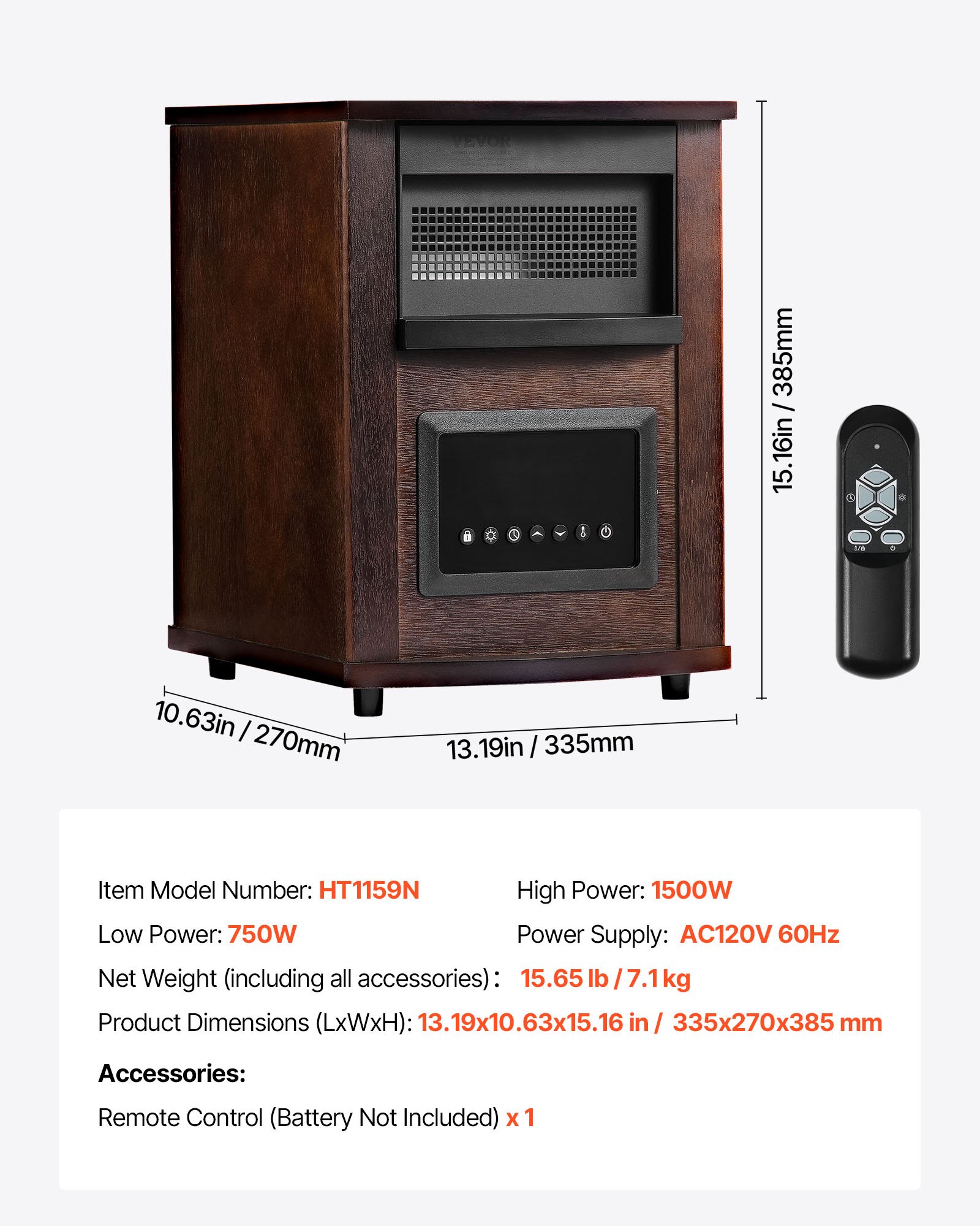 Calefactor infrarrojo VEVOR de 1500 W con control remoto, pantalla LED y temporizador de 24 horas. Temperatura ajustable para patio, dormitorio, sala de estar, estudio y comedor.