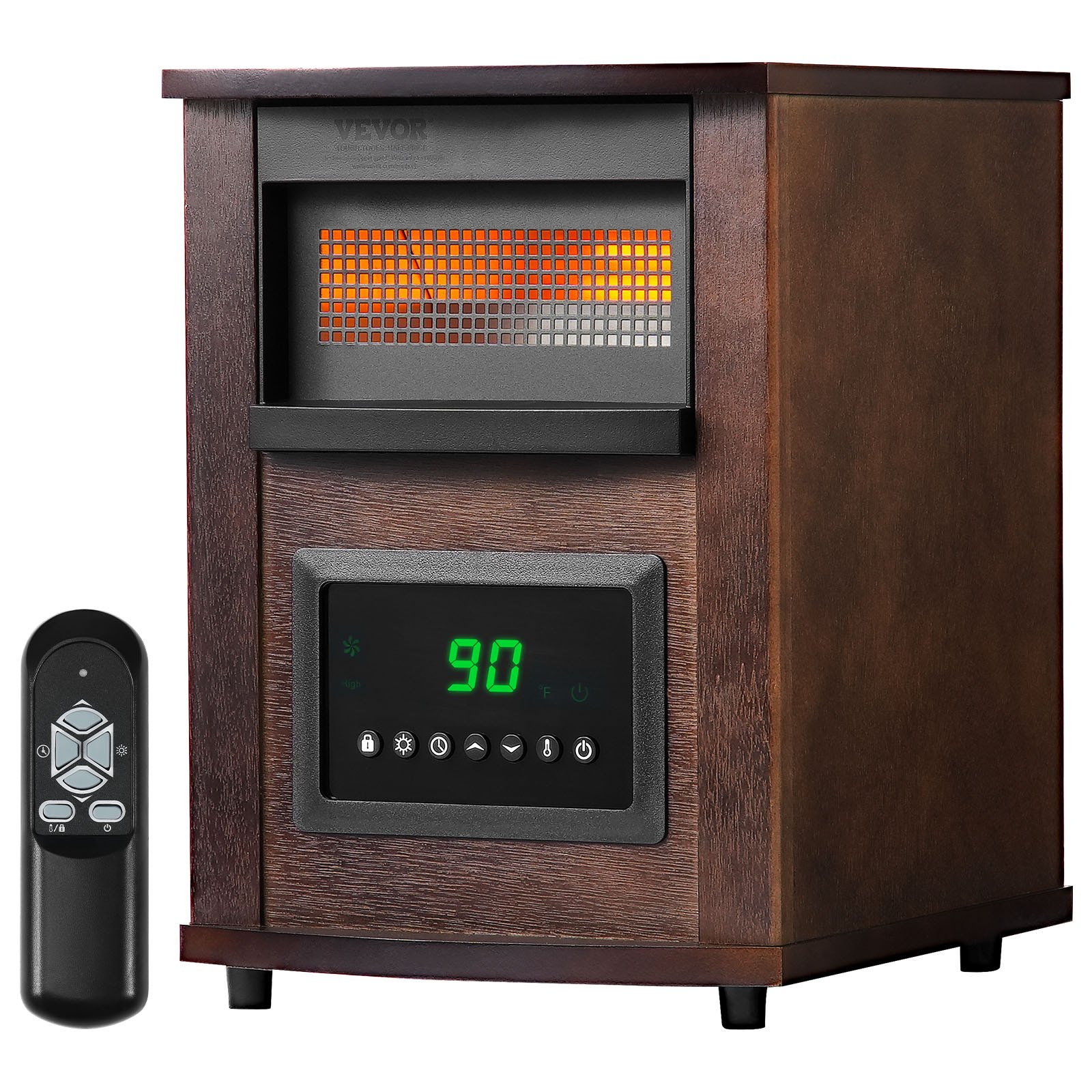 Calefactor infrarrojo VEVOR de 1500 W con control remoto, pantalla LED y temporizador de 24 horas. Temperatura ajustable para patio, dormitorio, sala de estar, estudio y comedor.