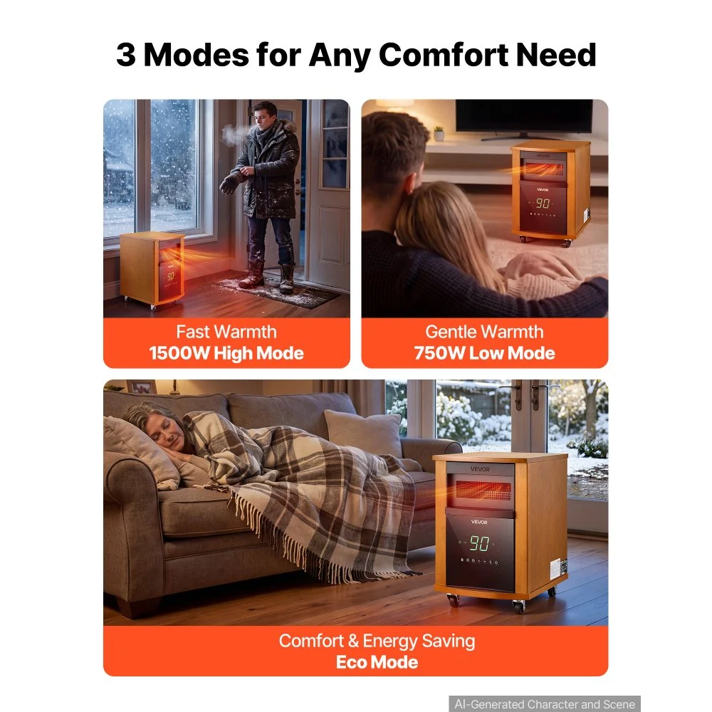 Calefactor infrarrojo VEVOR de 1500 W, eléctrico, con control remoto, 3 niveles de calor, temporizador de 12 horas, apagado automático por sobrecalentamiento, ruedas para facilitar su transporte, fabricado en MDF de alta calidad, ideal para dormitorios, oficinas y estudios. Acabado en madera clara.