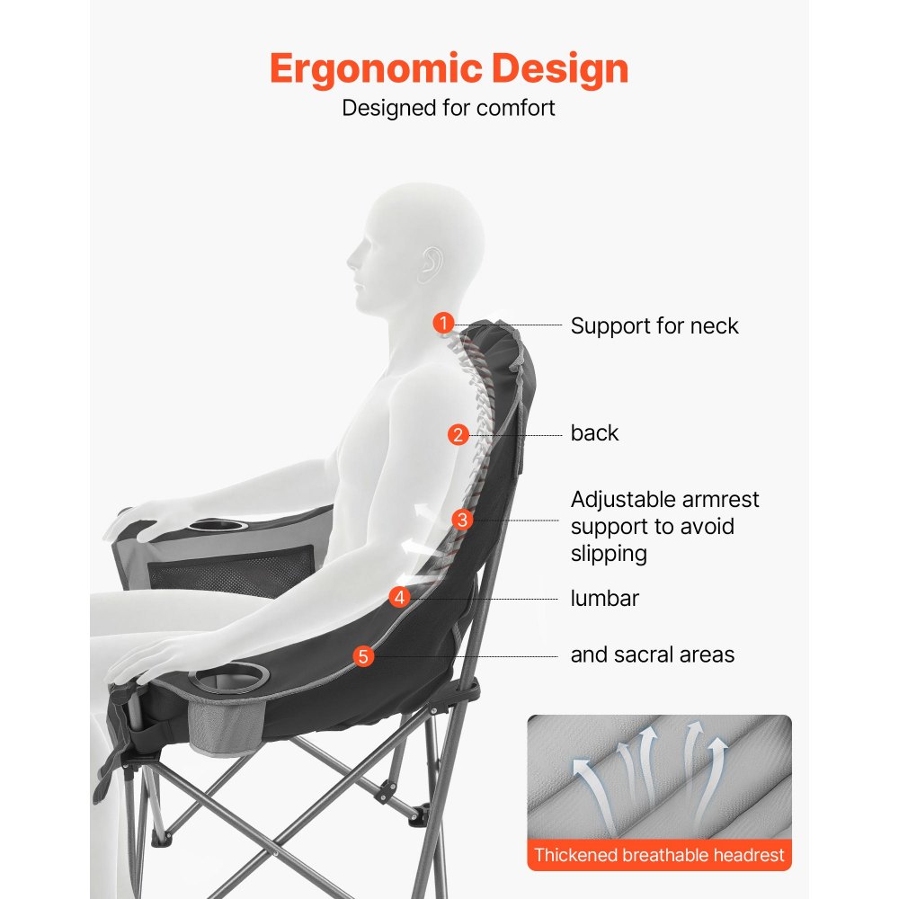 VEVOR Silla de Camping Plegable Capacidad Máxima de 204 kg con Respaldo Acolchado, Silla de Pesca de Tela Oxford 600D Portátil con Portavasos y Bolsillos para Exteriores Barbacoa Playa Senderismo