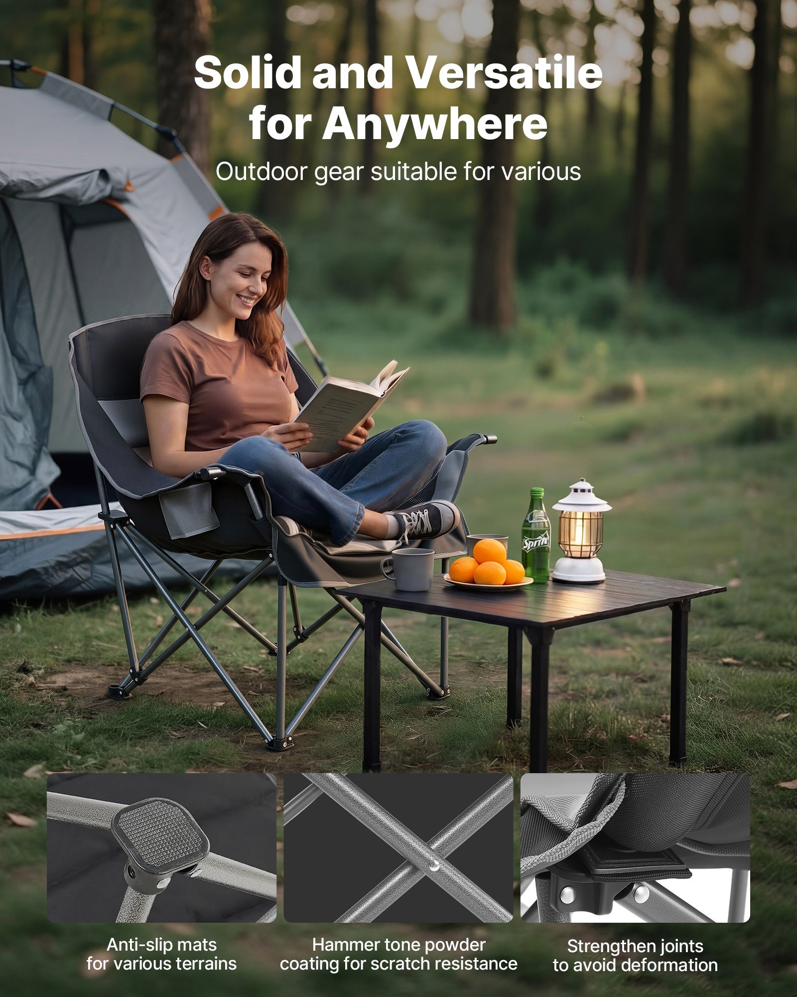 VEVOR Silla de Camping Plegable Capacidad Máxima de 204 kg con Respaldo Acolchado, Silla de Pesca de Tela Oxford 600D Portátil con Portavasos y Bolsillos para Exteriores Barbacoa Playa Senderismo