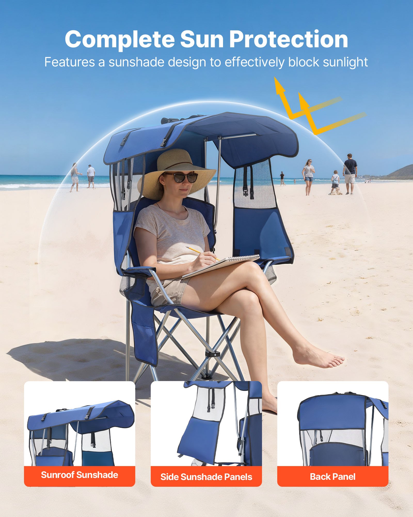 VEVOR Camping Chair with Canopy Shade, Folding Beach Chair with Canopy & Magazine Pocket, 2 Cup Holders, 330 lbs Heavy Duty Support, Carry Bags for Outdoor, Camp, Fishing, Tailgates, Deep Blue
