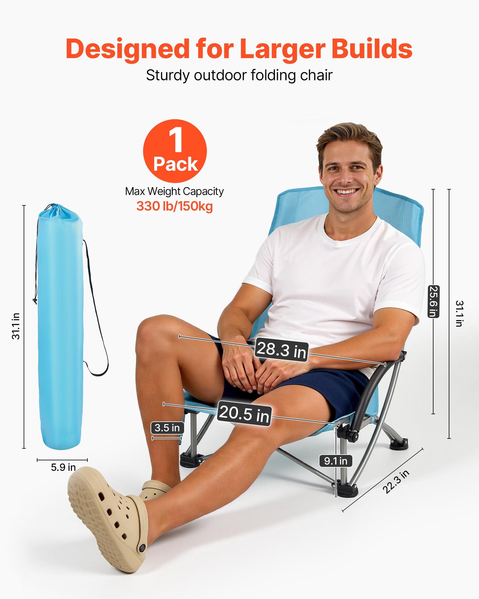 VEVOR Silla de Playa Plegable Capacidad Máxima de 150 kg con Respaldo Alto de Malla, Almohada, Silla de Camping Portátil, Ancho, Resistente con Portavasos para Picnics Barbacoa Exteriores Aire Libre