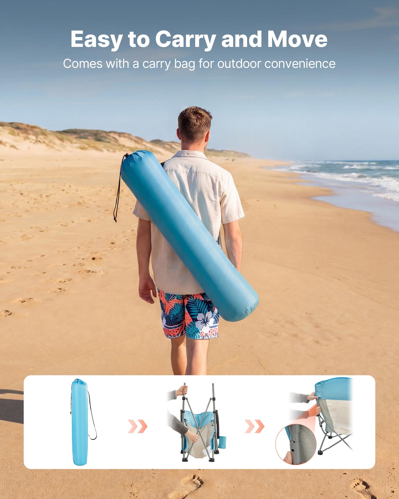 VEVOR Silla de Playa Plegable Capacidad Máxima de 150 kg con Respaldo Alto de Malla, Almohada, Silla de Camping Portátil, Ancho, Resistente con Portavasos para Picnics Barbacoa Exteriores Aire Libre