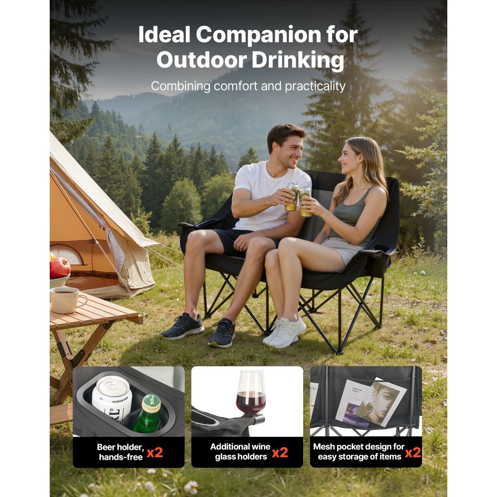 VEVOR Silla de Camping Plegable Doble, Capacidad Máxima de 300 kg con Respaldo Acolchado, Silla de Pesca de Tela Oxford 600D Portátil con Portavasos y Bolsillos para Exteriores Playa Jardín 2 Personas