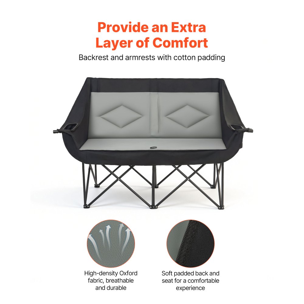 VEVOR Silla de Camping Plegable Doble, Capacidad Máxima de 300 kg con Respaldo Acolchado, Silla de Pesca de Tela Oxford 600D Portátil con Portavasos y Bolsillos para Exteriores Playa Jardín 2 Personas