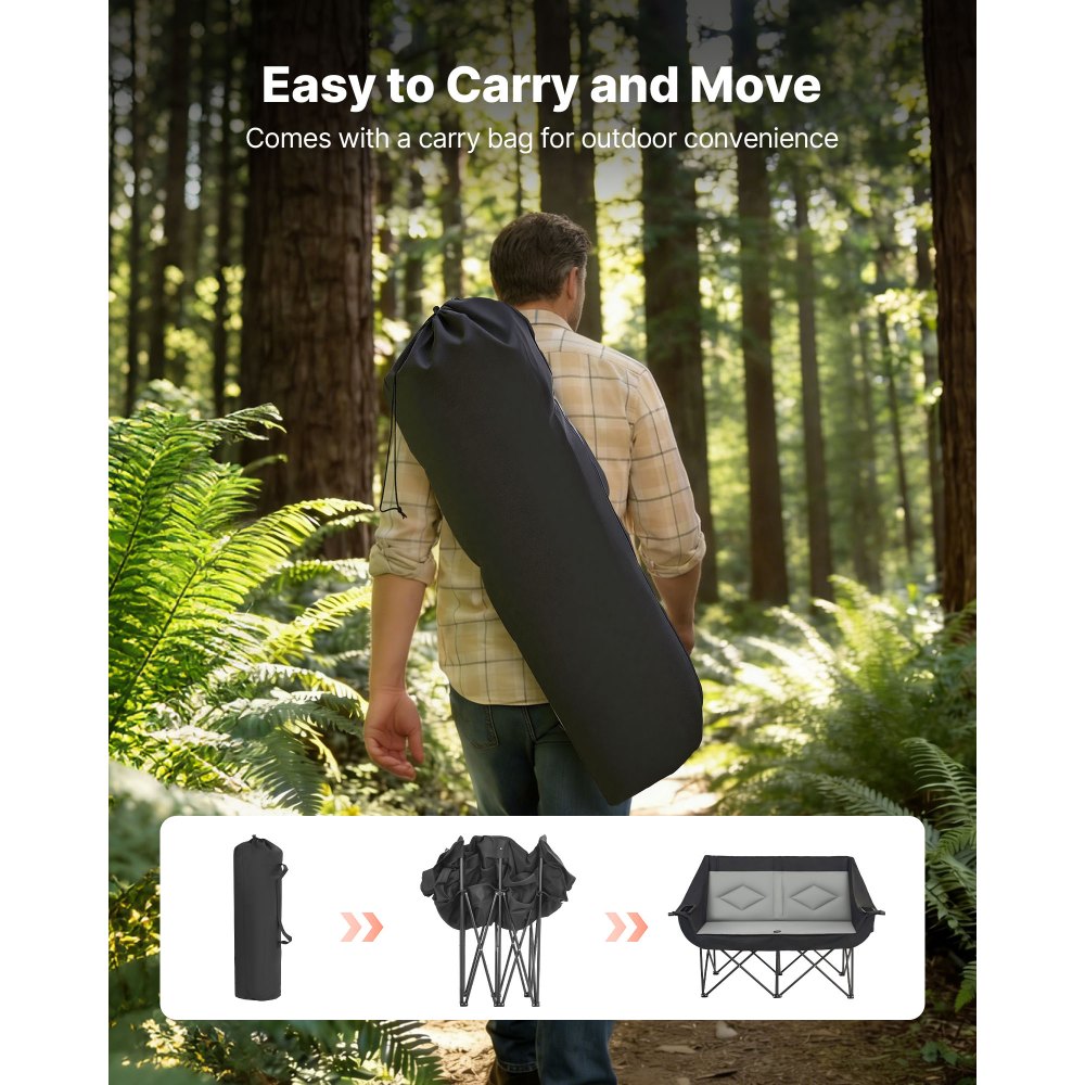 VEVOR Silla de Camping Plegable Doble, Capacidad Máxima de 300 kg con Respaldo Acolchado, Silla de Pesca de Tela Oxford 600D Portátil con Portavasos y Bolsillos para Exteriores Playa Jardín 2 Personas