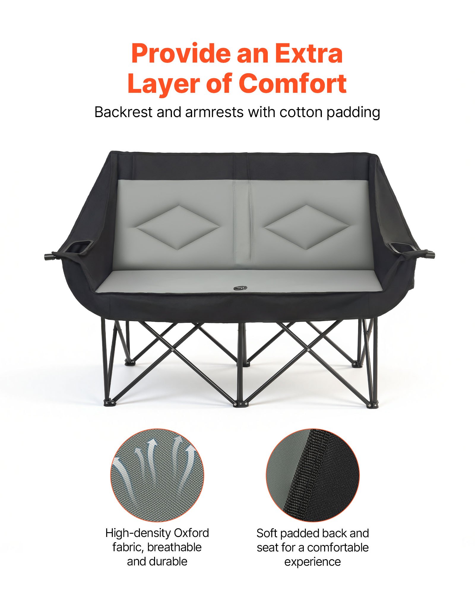 VEVOR Silla de Camping Plegable Doble, Capacidad Máxima de 300 kg con Respaldo Acolchado, Silla de Pesca de Tela Oxford 600D Portátil con Portavasos y Bolsillos para Exteriores Playa Jardín 2 Personas