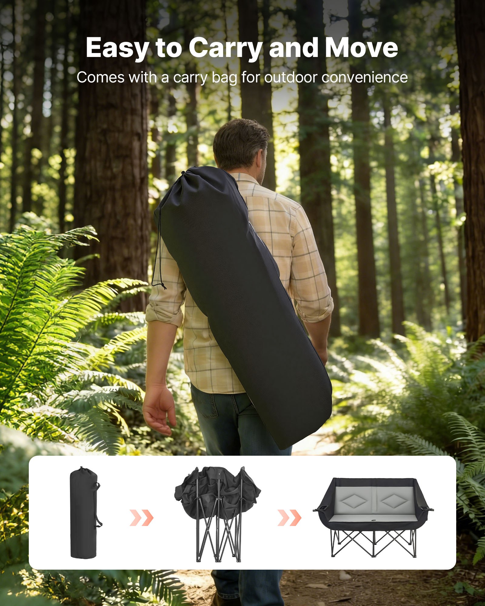 VEVOR Silla de Camping Plegable Doble, Capacidad Máxima de 300 kg con Respaldo Acolchado, Silla de Pesca de Tela Oxford 600D Portátil con Portavasos y Bolsillos para Exteriores Playa Jardín 2 Personas