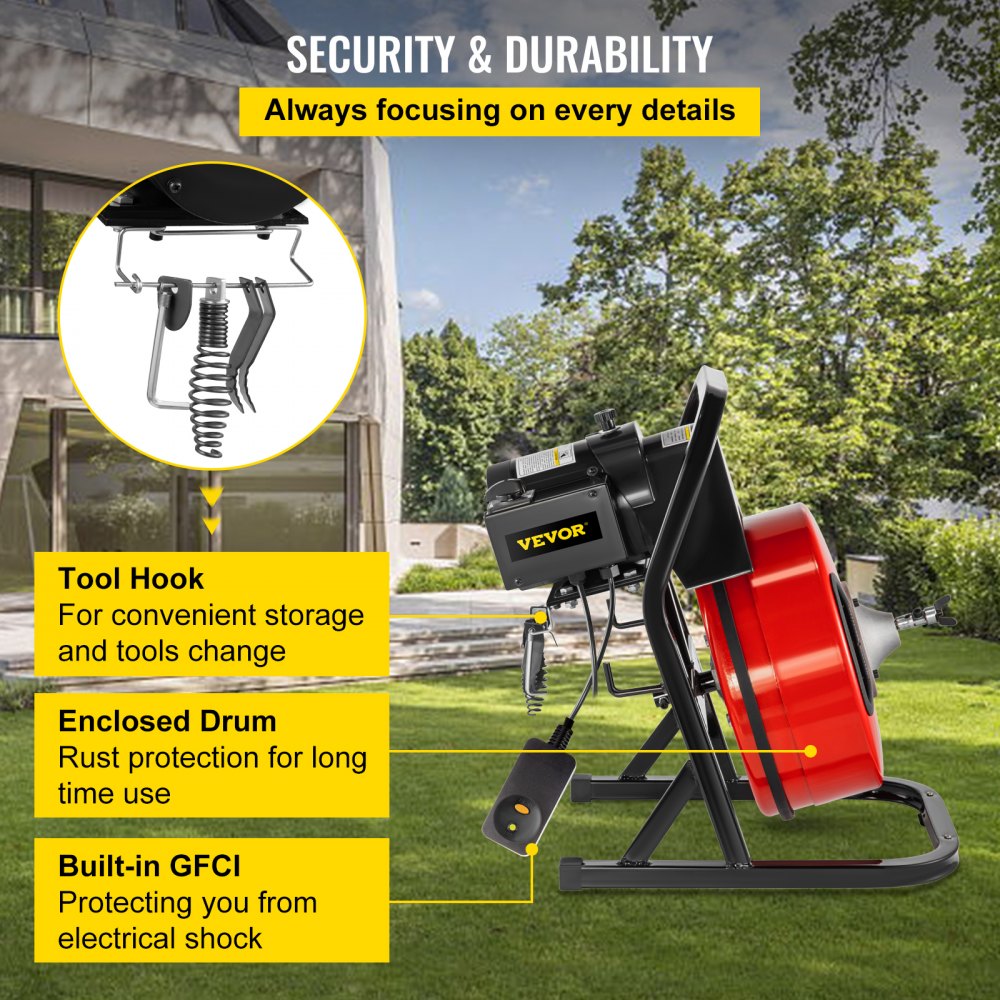 VEVOR Máquina Desatascar Tuberías Limpieza de drenajes 1700 Rpm Limpiador de Desagües con Cable 1,5m