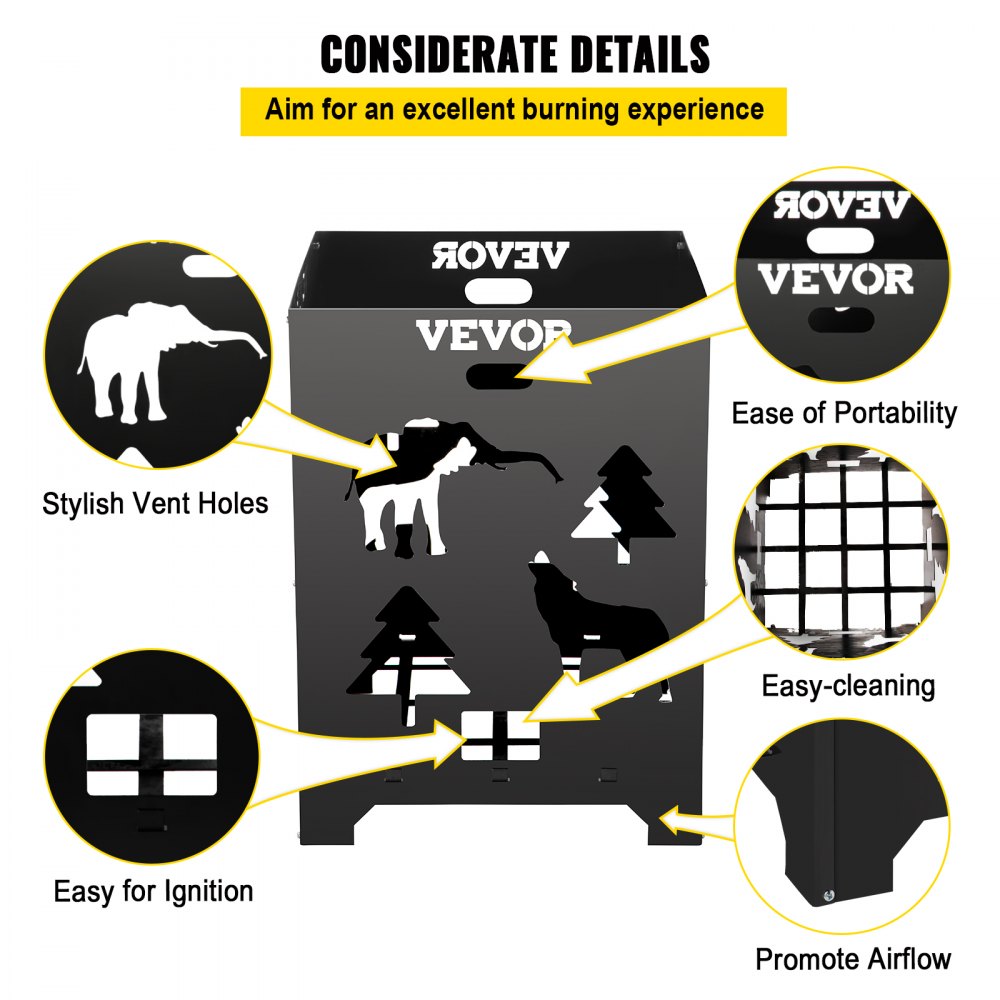Barril incinerador VEVOR, jaula de acero al carbono de 53 x 53 x 68 cm, con tapa y asa para exteriores.