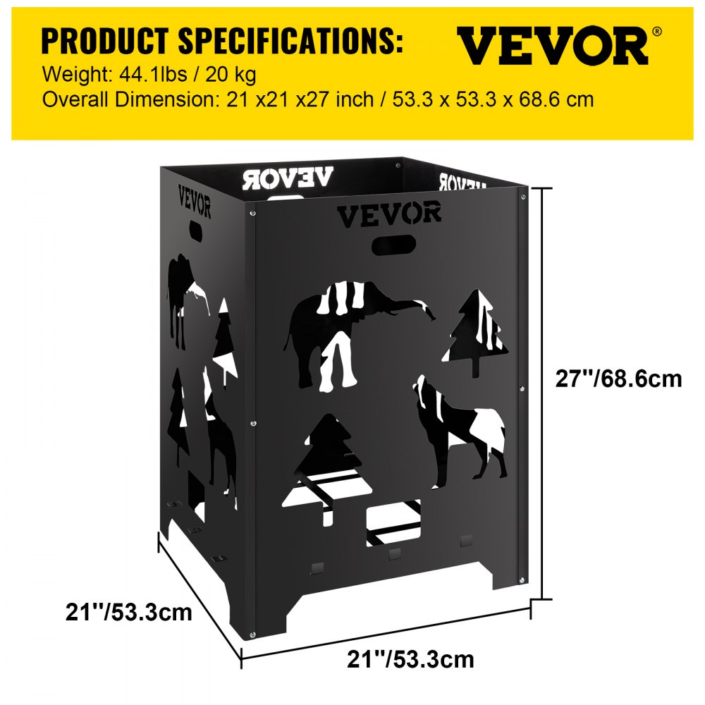 Barril incinerador VEVOR, jaula de acero al carbono de 53 x 53 x 68 cm, con tapa y asa para exteriores.