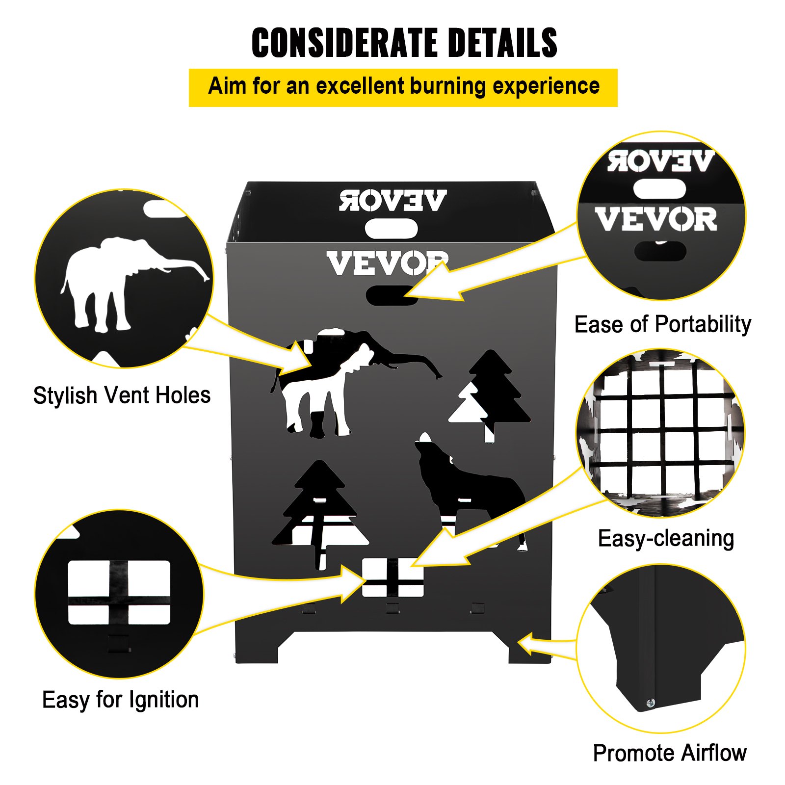Barril incinerador VEVOR, jaula de acero al carbono de 53 x 53 x 68 cm, con tapa y asa para exteriores.